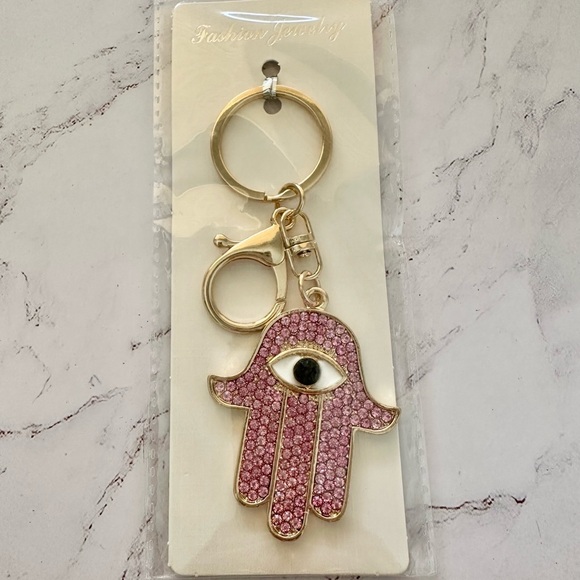 Pink Rhinestone Hamsa Hand Keychain Bag Charm Accessories - Picture 3 of 4